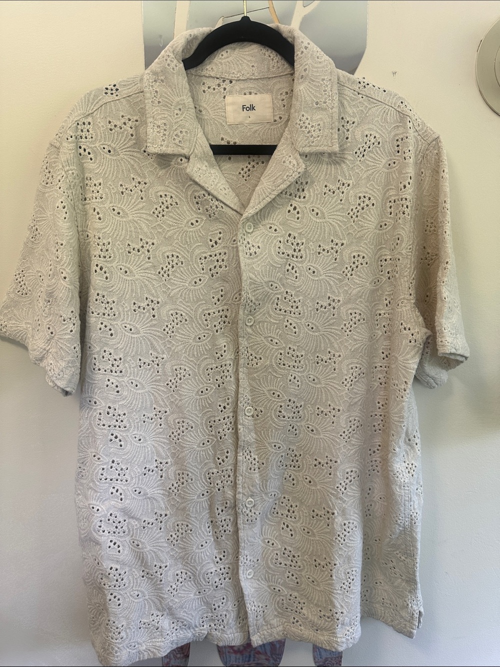 Folk London Embroidered Eyelet Linen Blend Camp Shirt - Men's Large